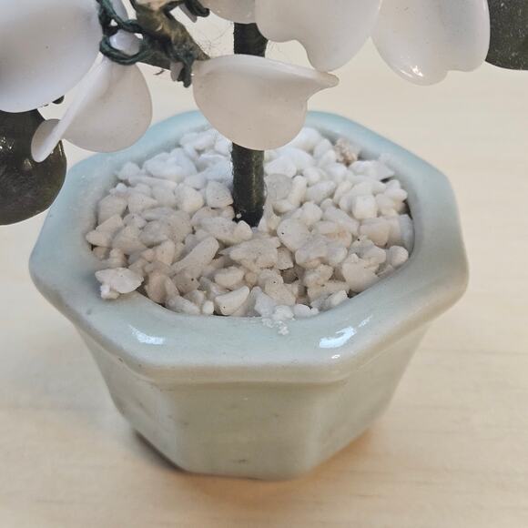 Rare VTG Chinese Art Glass Bonsai Tree Sculpture White Quince Flowers in Pot - Picture 3 of 7